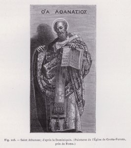 聖アタナシウス；ドミニクインの後、ローマ近郊のグロッタ・フェラータ教会の絵画（エングレービング 作： French School