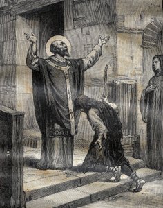 サン・オーベール（Saint-Aubert）は、カンブレーとアラスのイブク（633-667？）で、弟子であり放蕩者の名付け子でもある、ヴォルクスの領主の息子ランデリン（613-）を迎え入れ、3年間の過ちを許した。1899年12月16日、「ル・ペレラン」誌に掲載された版画。