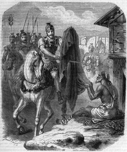 サン・マルタン・ド・トゥール（Saint-Martin-de-Tours, v. 316-397）が貧しい人に与えるために自分のコートを2枚作っている様子。モーリス・ラシャトレ著「Histoire des Papes-Rois-Queen and Empereurs a travers les centuries」に掲載されている図版 作： French School