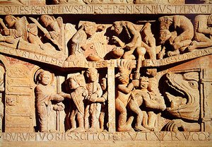 聖ペテロは祝福された天国と地獄の顎へののろわれた落下を受け取ります、西ポータルティンパナムの最後の審判、1135年頃の詳細 作： French School