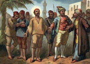 聖ヴィンセント・ド・ポール（1581-1660）司祭は、トルコの海賊に捕らえられ、チュニスで奴隷として売られた。19世紀末のクロモリトグラフ。