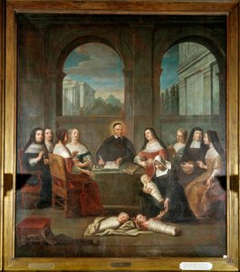 Saint Vincent de Paul and the ladies of charity 1634年（1576年～1660年）に「愛の娘たち」を設立した司祭、Saint Vincent de Paulを、新生児の世話をする修道女や愛の娘たちが取り囲んでいる様子を表しています。匿名の絵画