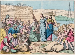 451年にアッティラのフン族の軍隊がパリを包囲した際に、民衆に食料を配るサント・ジュヌヴィエーヴ（蛮族の侵略） - サント・ジュヌヴィエーヴとパリの民衆 - 「Nos Gires Nationales - Images」に掲載された19世紀末のエングレーヴィング。 作： French School