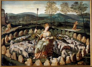 パリの守護聖人、サント・ジュヌヴィエーヴが羊を飼っている様子 フランス派の絵画、パリのサン・メリ教会より 作： French School