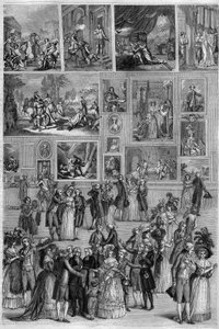 1787年のサロン：パリで開催された絵画展の際のルーヴル美術館のサロン・カレの様子。マルティーニによる "絵のある店 "でのエングレーヴィング 作： French School
