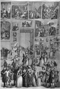 1787年のサロン：パリで開催された絵画展の際のルーヴル美術館のサロン・カレの様子。マルティーニによる "絵のある店 "でのエングレーヴィング