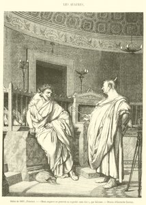 1861年のサロン、絵画、二人のオーギュールは笑わずにお互いを見られない（エングレービング 作： French School