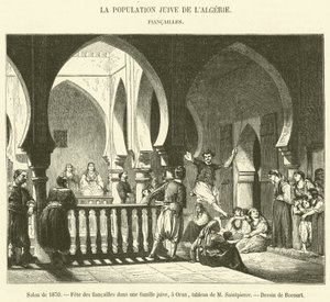 1870年のサロン、オランのユダヤ人家庭での婚約パーティ（エングレービング 作： French School
