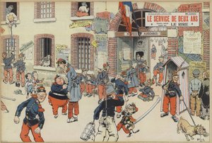 フランス軍への徴兵制導入をテーマにした風刺。Le Rire』のイラスト（カラーリトグラフ版 作： French School