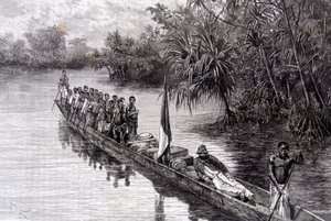 西アフリカのパンダナスでカヌーに乗っているブラザのサヴォルグナン - 1887年第2週の「Tour du Monde」にて 作： French School