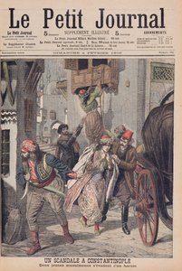 コンスタンティノープルのスキャンダル、ハーレムから脱出する2人の若いイスラム教徒の女性、「Le Petit Journal」のイラスト、1906年2月4日 作： French School