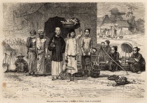 Scene du marche de Saigon, D.Maillardのデッサンに基づくエングレーヴィング。1872年にモリス医師が行ったコチンチンへの航海を描いたもので、Edouard Chartonが編集した1875年の "Le tour du monde "に掲載されたもので、アシェット版、パリ。セルバ・コレクション。 作： French School