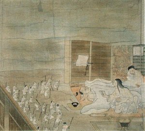 藤原光長作とされる12世紀の掛物を模写した「錯乱の情景」（『国華』1904年4月号より）（カラーリトグラフ