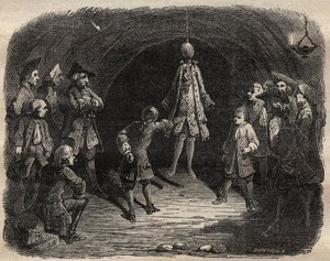 ルイ・ドミニク・ガルトハウゼン・ディット・カートリッジ（1693-1721）がパリの職業で作った泥棒の学校：天井から吊るされたモデルは、銃声の雨を浴びるという罰則のもと、動かずにポケットを空にしなければならない - 泥棒の学校 作： French School