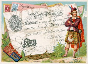 イングランド銀行の5ポンド紙幣を守るスコットランドの兵士、1886-95年 作： French School