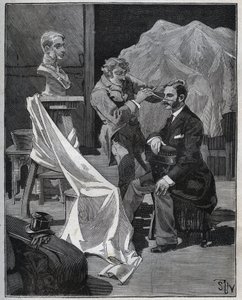 彫刻、彫刻家のアトリエ、胸像の焦点と彫刻。Adolphe BITARDの "Les arts et metiers illustres "に掲載された1880年のエングレーヴィング。