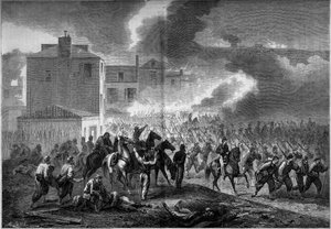 分離独立戦争（1861年～1865年）またはアメリカ南北戦争：1862年のコリンス市（ミシシッピ州）の疎開。1862年7月19日付の "Le Monde Illustré "275号に掲載された図版。 作： French School