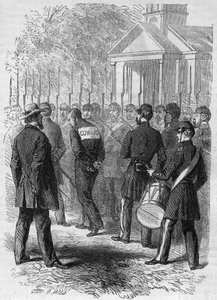 分離独立戦争（1861-1865）またはアメリカ南北戦争：戦闘中にヘテをしたと非難された北部兵器の兵士の処罰。両手を縛られ、背中に「Lache」の印をつけられた彼は、太鼓の音とともにキャンプを横切る。Le Monde Illustré" n°に掲載されたエングレーヴィング。 作： French School