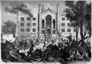 分離独立戦争またはアメリカ南北戦争（1861年～1865年） - ニューヨーク - 1863年7月： 徴兵制に反対する反乱軍が、「ドラフ暴動」の際にニューヨーク市の有色人種孤児の保護施設に火を放った。8月15日付「Le Monde Illustré」No.331に掲載された図版 作： French School