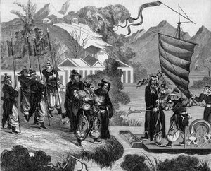 フランス・イギリスと中国との第二次アヘン戦争（1858～1860年）。中国の風刺画である。中国人グループの嘲笑的な視線の下、海岸に近づく準備をしている一隻のボート。船上には、フランス（左）とイギリス（右）を表す二人の人物が乗っている。 作： French School