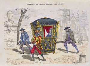 16世紀のセダンの椅子、コスチュームドパリトラヴェルレシークルス、1887年発行（カラー彫刻） 作： French School