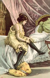 ベッドに座ってストッキングを調整しているセミクラッドの女の子（カラーリソ） 作： French School