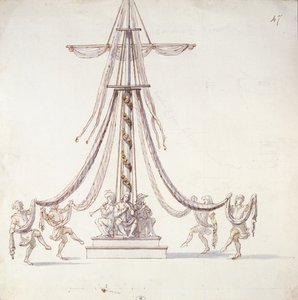 Les Menus Plaisirs du Roi（トイレと紙にペンとインク）というタイトルのコレクションから、船員がマストの周りで踊るバレエのデザインを設定します 作： French School