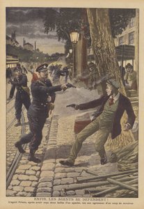 パリの街角で繰り広げられる警察と犯罪者の銃撃戦（カラーリトグラフ 作： French School