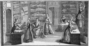 18世紀の "ファッション商人 "の店。Engraving In "La Marine et les colonies: commerce" 作： French School