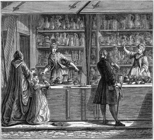 18世紀の錫製陶工の店。エングレーヴィング "La Marine et les colonies: commerce" より 作： French School