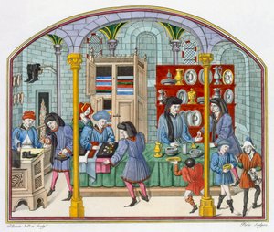 Nicolas Oresme（c.1323-82）による14世紀のアリストテレスの倫理と政治の翻訳のミニチュアの後の、対象市場下のショップ 作： French School