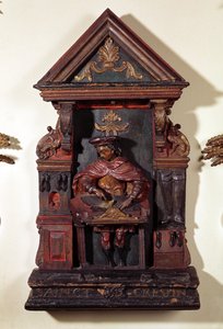 ワークベンチでのセントクリスピンを描いた靴屋のショップサイン（木）
