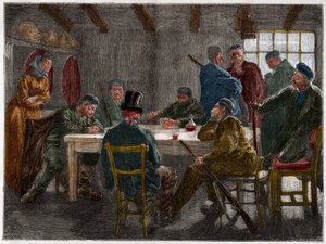 19世紀のシチリアン・マフィア。1873年にシチリアのマフィアが廃止した地主の取り調べ。1873年のエングレーヴィング 作： French School