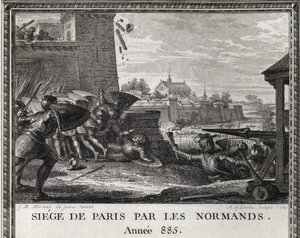 885年、ノルマン人によるパリの包囲。フランス史の図」からの版画 作： フランス語学校