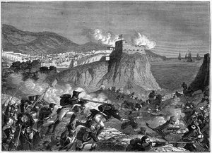 1806年5月、6月のナポレオン戦争におけるラグーサ（ラグーサ共和国）（クロアチアのドゥブロヴニクではラグーサ）の包囲戦（モリトール将軍とローリストンによるダルマチア作戦）-アドルフ・ティエの「領事の歴史に続く帝国の歴史」にて 作： French School