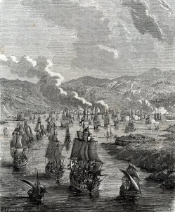 スペイン継承戦争中の1707年7月29日から8月21日にかけて、連合国の陸海軍がフランスの海軍基地であるトゥーロンを包囲した「トゥーロン包囲戦」(版画)