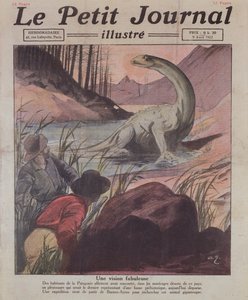 パタゴニアでのプレシオサウルスの発見、ルプチジャーナルの表紙イラスト、1922年4月9日 作： French School