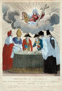 1801年7月15日、1801年のコンコルダートの署名：フランス政府（ここではジョセフ・ボナパルトが代表）とサン・シエージュ（教皇ピウス7世の代理として枢機卿コンサルヴィが代表）の間で署名された。1801年 パリ、カルナヴァレ美術館 作： French School