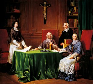 1697年にジャック・ベニーニュ・ボシュエ（モー司教）、ルイ=アントワーヌ・ノアイユ（シャロン司教）、フランソワ・フェネロン（カンブレー大司教）の間で行われたイシー会議の署名条項。 作： French School