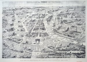 見知らぬ人が一人でパリを案内するのに欠かせない簡略化されたパリの平面図。20世紀のパリ、カルナヴァレ美術館所蔵の「歩く人のための新しいガイド、車のないパリの遠足」より引用 作： French School