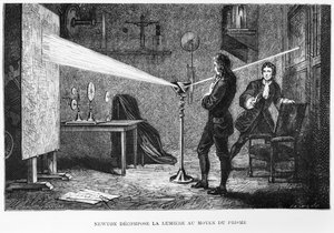 アイザックニュートン（1642-1727）、プリズムを介して光を分割、ルヴィグイエ、1868年の「ラヴィデサバントイラスト」のイラスト 作： French School