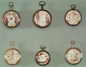 革命的なシンボルで装飾された6つの懐中時計（金属とエナメル） 作： French School
