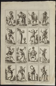 衣装を着た人物を描いた16枚のパネル 作： French School
