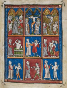 Sloane 1977,f.7 The Chirurgia: 聖書と医療のシーンを示す 9 つのミニチュア。 上、十字架を背負ったキリスト。 カルバリーでのメアリーと聖ヨハネ。 キリストは酢を与えられ、槍で突き刺されました。 中央以下、さまざまな患者を治療する医師 作： French School