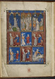 Sloane MS 1977 fol.5v 聖書と医療のシーンを示す 9 つのミニチュア、Chirurgia 作： French School