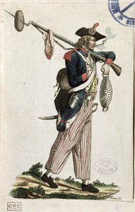 パンと肉片が取り付けられた銃剣を持つフランス革命の兵士：LAn 11 1794 作： French School