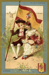 1890年頃、パリのボンマルシェ百貨店のプロモーションカードとして制作された、さまざまな国の子供たちの一連のイラストのスペインの少年と少女 作： French School