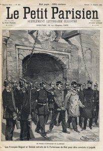 ドイツでのスパイ裁判：フランス人のダゲとデュボアがキール要塞からライプツィヒに連行される。1893年12月10日の新聞「Le petit Parisien」に掲載された1枚(エングレービング)