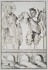 聖カドと悪魔、19世紀後半に出版された魔法の歴史に描かれた、人気のフランスの版画のコピー 作： French School