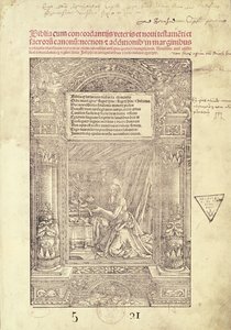 1521年、リヨンのJ.マリオンによって印刷された、聖書のタイトルページであるスタジオローの聖ジェローム